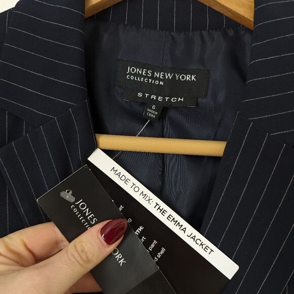 NWT Jones New York navy blue white stripe single breasted Emma jacket blazer - Picture 2 of 4